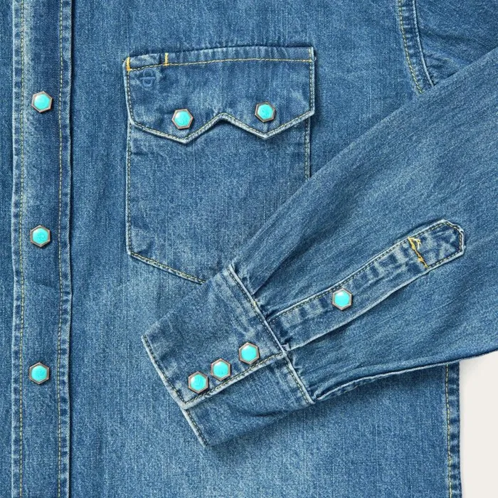Turquoise Snap Western Denim Shirt Blue Men Stetson Classic Cut