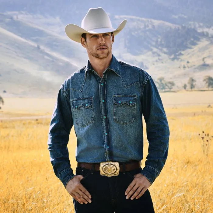 Turquoise Snap Western Denim Shirt Blue Men Stetson Classic Cut