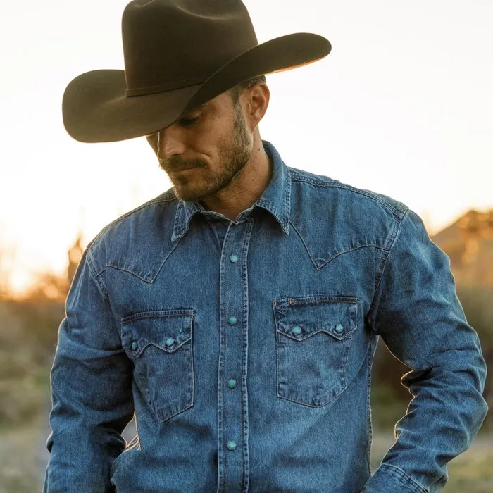 Turquoise Snap Western Denim Shirt Blue Men Stetson Classic Cut