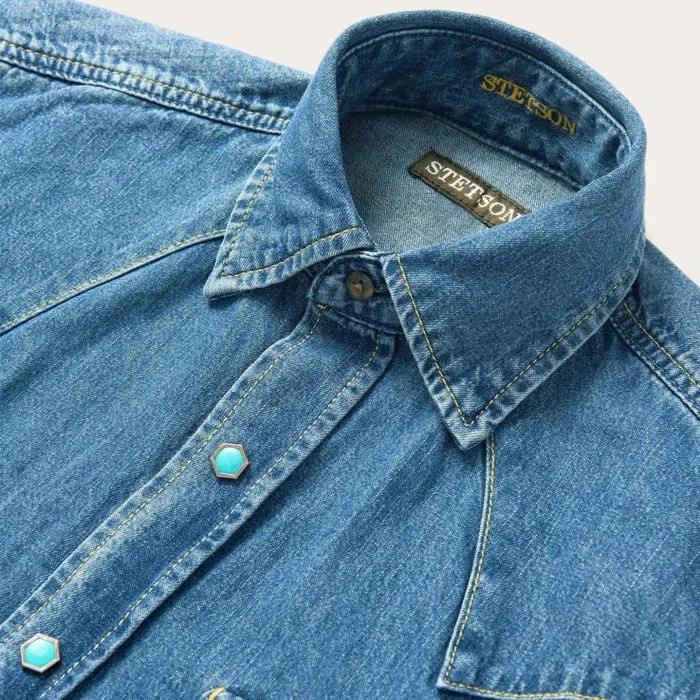 Turquoise Snap Western Denim Shirt Blue Men Stetson Classic Cut