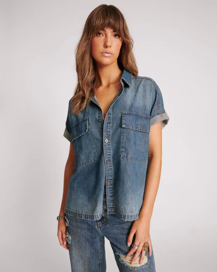 USED BLUE CUT OFF DENIM SHIRT Women One Teaspoon Denim Tops