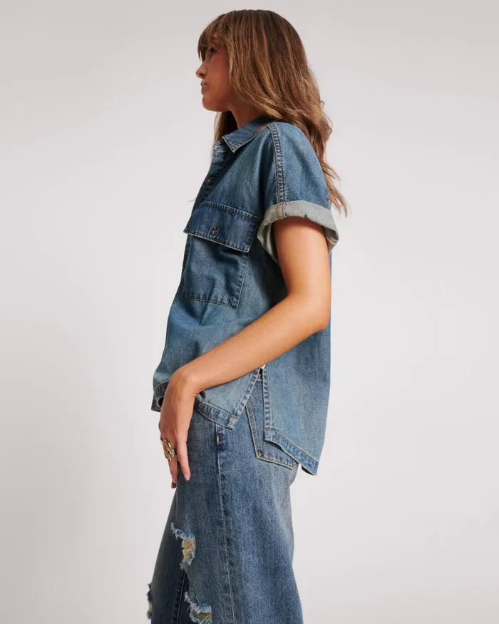 USED BLUE CUT OFF DENIM SHIRT Women One Teaspoon Denim Tops USED BLUE CUT OFF DENIM SHIRT Women One Teaspoon Denim Tops
