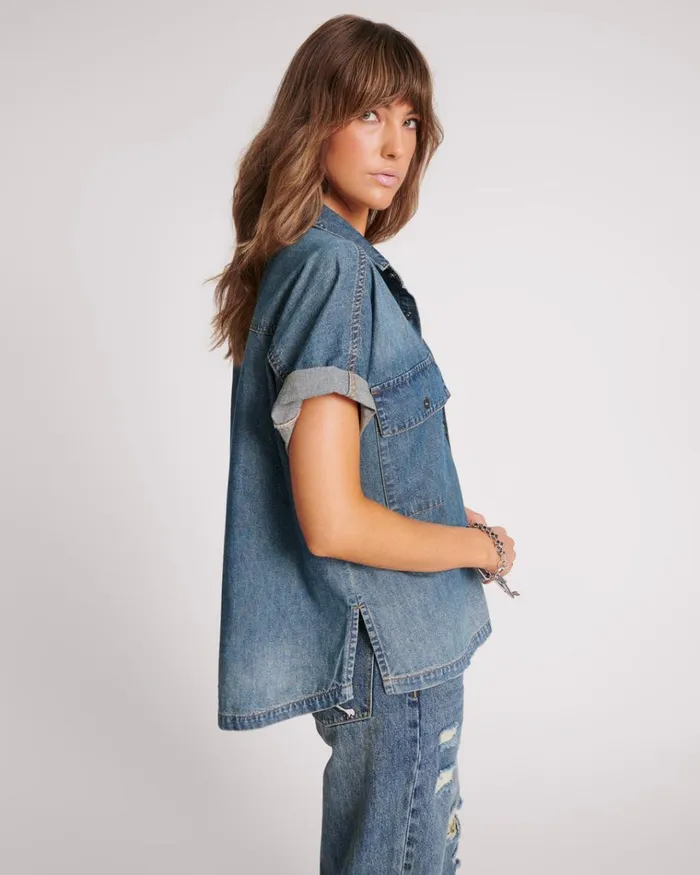 USED BLUE CUT OFF DENIM SHIRT Women One Teaspoon Denim Tops USED BLUE CUT OFF DENIM SHIRT Women One Teaspoon Denim Tops