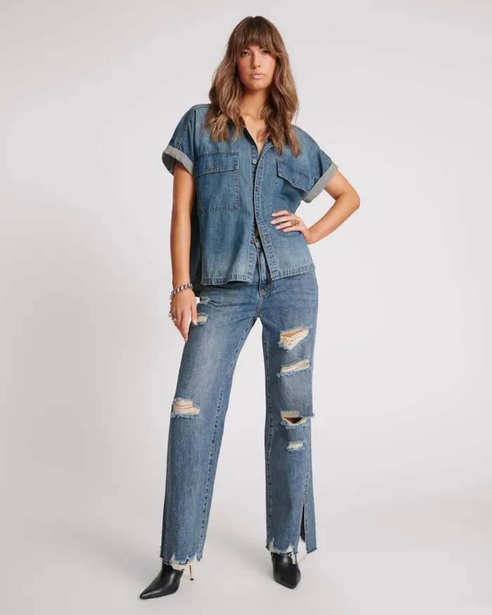 USED BLUE CUT OFF DENIM SHIRT Women One Teaspoon Denim Tops USED BLUE CUT OFF DENIM SHIRT Women One Teaspoon Denim Tops