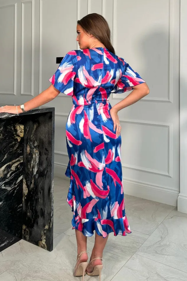 Vanessa Cobalt and Pink Frill Detail Wrap Midi Dress Women Girl In Mind Wrap Dresses