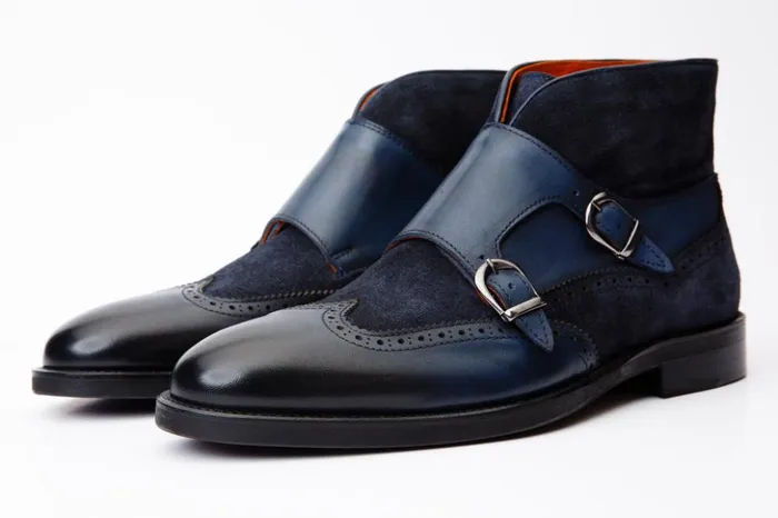 Vinci Leather Boots The Albus Navy Blue Leather and Suede Double Strap Monk Brogue Boot 8211 Men