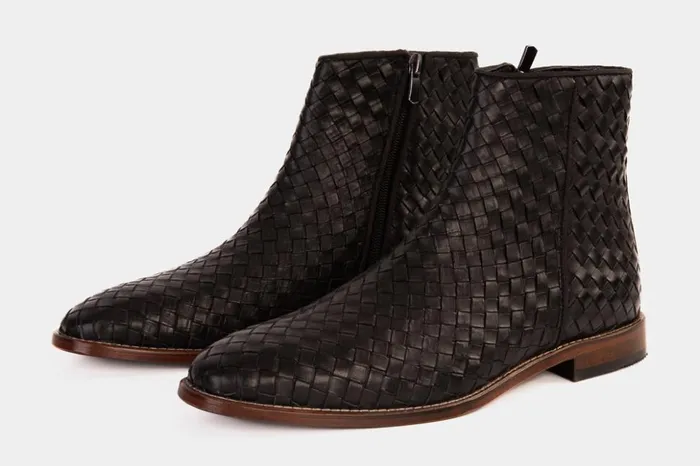 Vinci Leather Boots The Wellington Black Handwoven Leather Boot With A Zipper 8211 Men