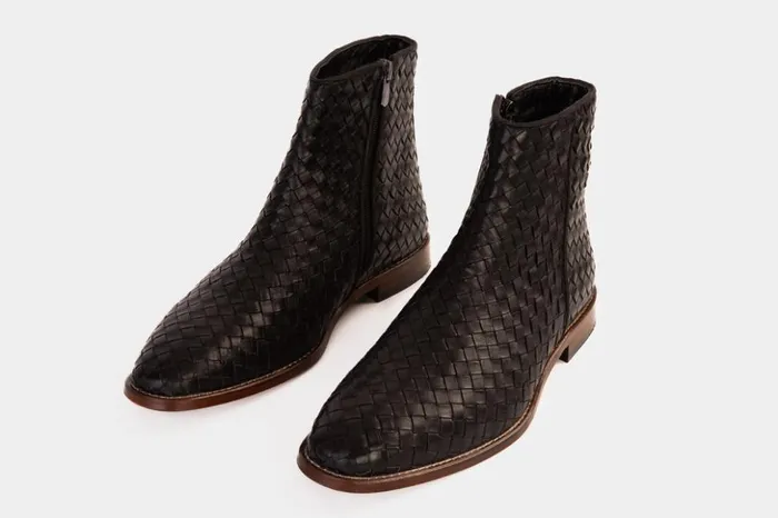 Vinci Leather Boots The Wellington Black Handwoven Leather Boot With A Zipper 8211 Men