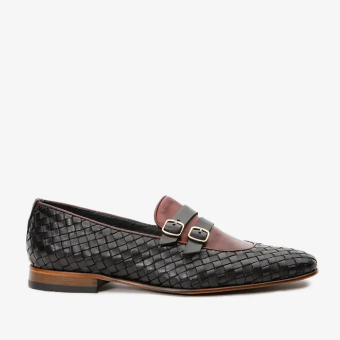 Vinci Leather Dress Shoes The Vatra Black and Burgundy Woven Double Monk Strap Shoe 8211 Men