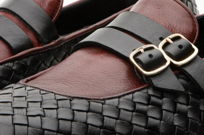 Vinci Leather Dress Shoes The Vatra Black and Burgundy Woven Double Monk Strap Shoe 8211 Men