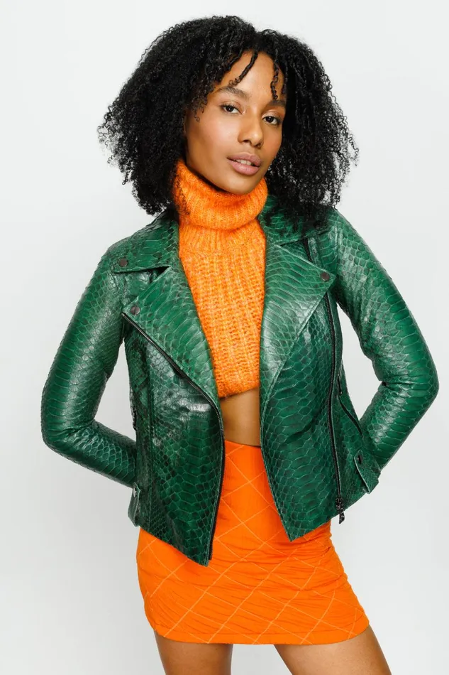 Vinci Leather Leather Jackets The Pythn Skin Green Leather Jacket 8211 Women