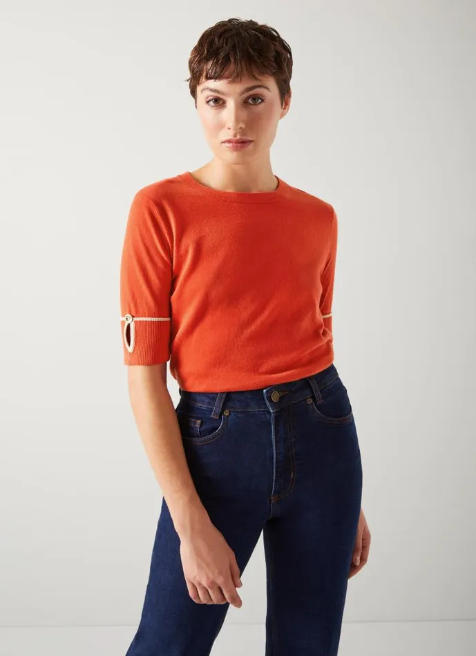 Women Bea Red Short Sleeve Knitted Top Ivory Red LKBennett Knitwear