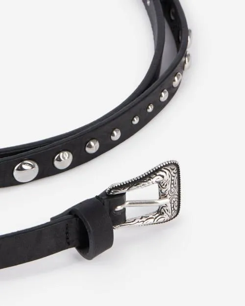 Women Belts The Kooples Thin Black Leather Belt With Studs Black