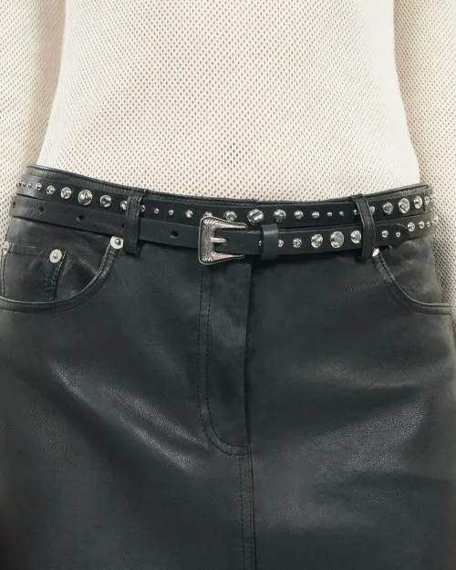 Women Belts The Kooples Thin Black Leather Belt With Studs Black