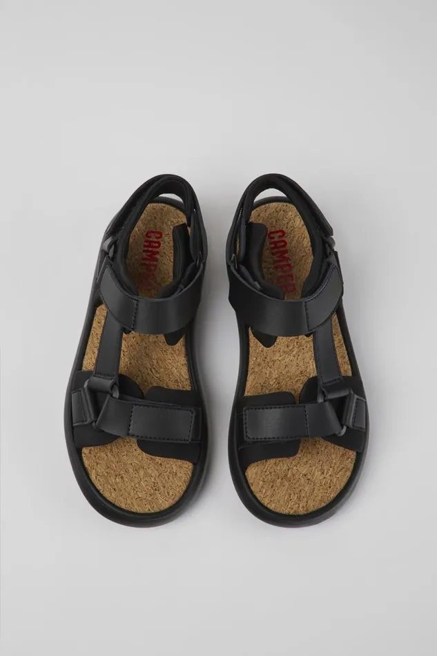 Women Camper Flat Shoes Pelotas Flota Black Leather And Textile Sandals Women Camper Flat Shoes Pelotas Flota Black Leather And Textile Sandals