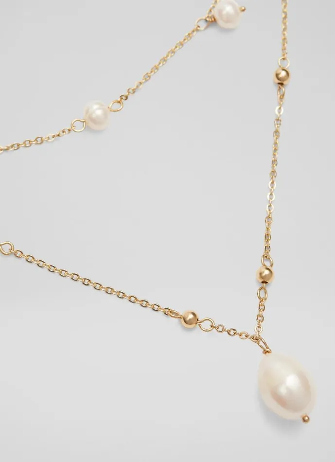 Women Clara Pearl And Gold Double Chain Necklace LKBennett Jewellery Women Clara Pearl And Gold Double Chain Necklace LKBennett Jewellery