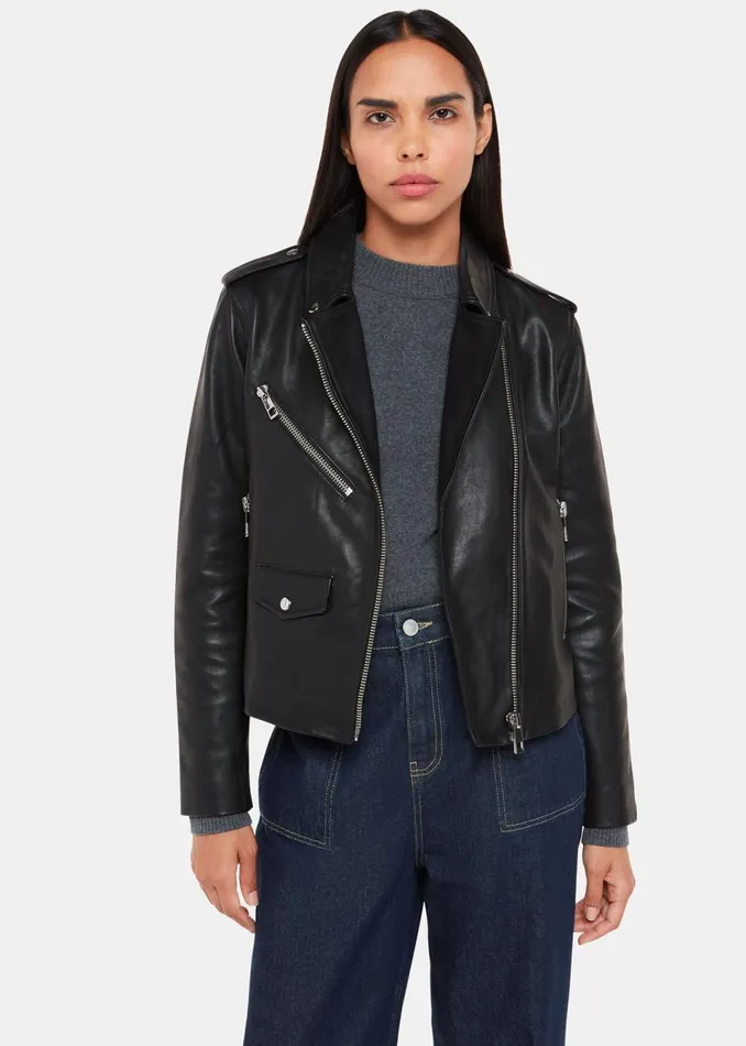 Women Coats and Jackets Whistles Black Agnes Pocket Leather Biker