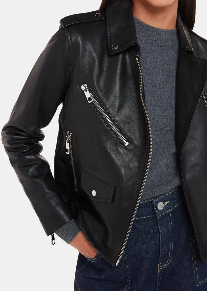Women Coats and Jackets Whistles Black Agnes Pocket Leather Biker