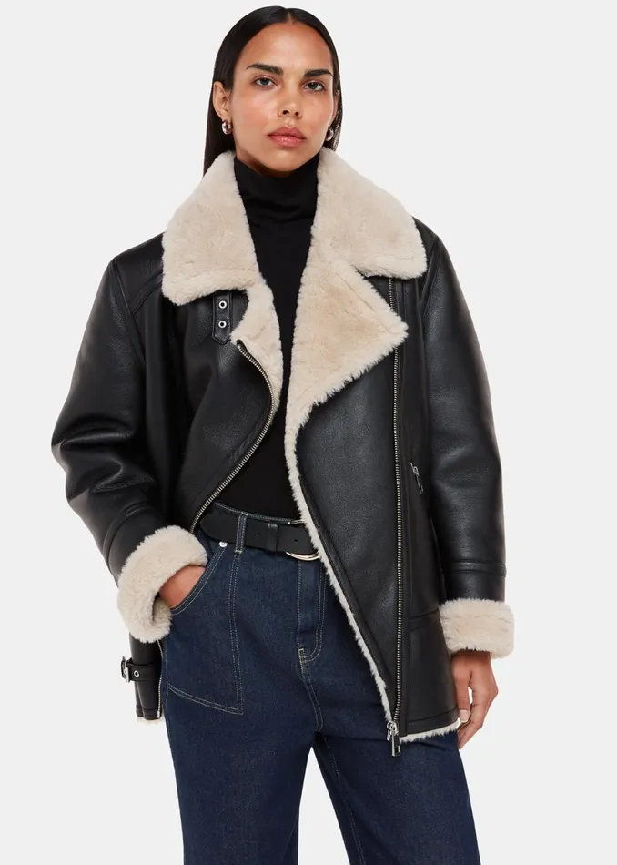Women Coats and Jackets Whistles Black Faux Fur Aviator
