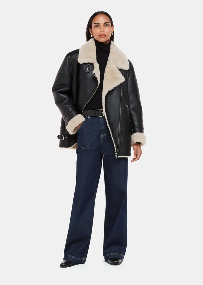 Women Coats and Jackets Whistles Black Faux Fur Aviator