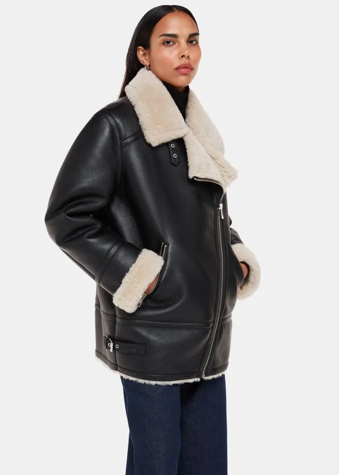 Women Coats and Jackets Whistles Black Faux Fur Aviator