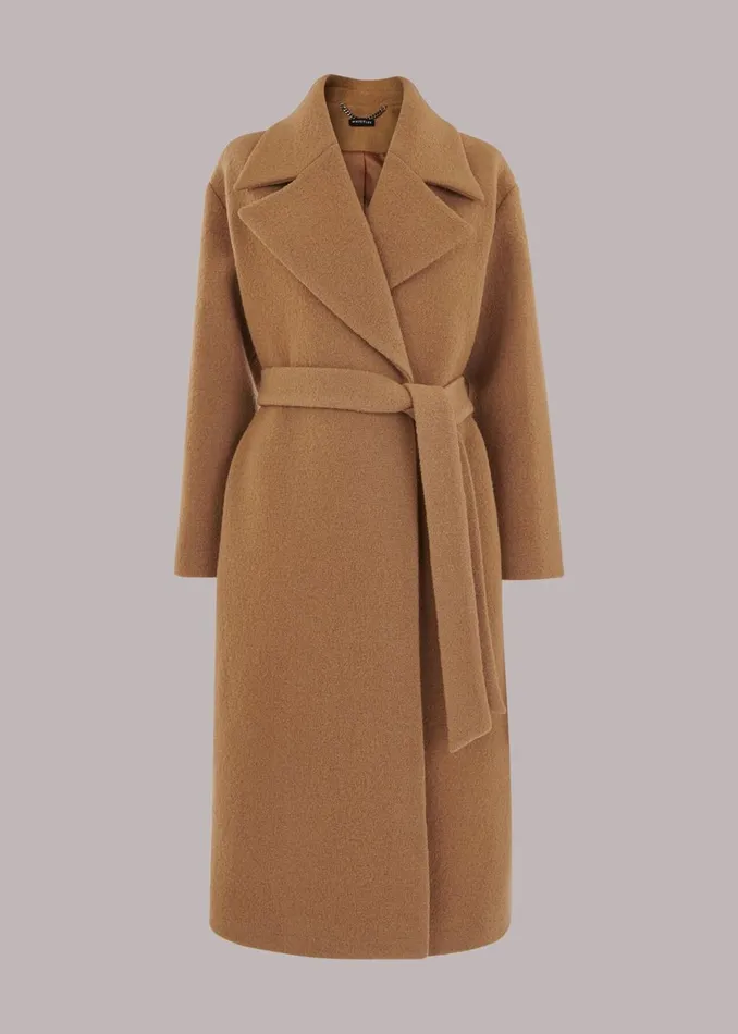 Women Coats and Jackets Whistles Camel Lorna Wrap Wool Coat