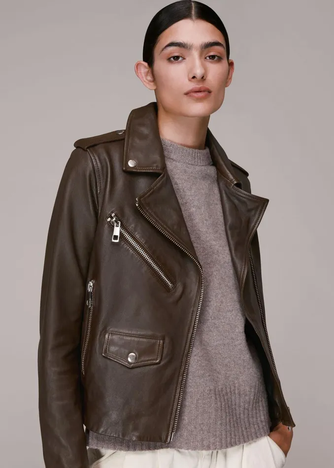 Women Coats and Jackets Whistles Chocolate Agnes Pocket Leather Jacket