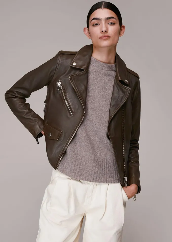 Women Coats and Jackets Whistles Chocolate Agnes Pocket Leather Jacket