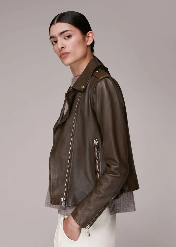 Women Coats and Jackets Whistles Chocolate Agnes Pocket Leather Jacket