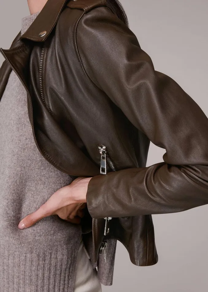 Women Coats and Jackets Whistles Chocolate Agnes Pocket Leather Jacket
