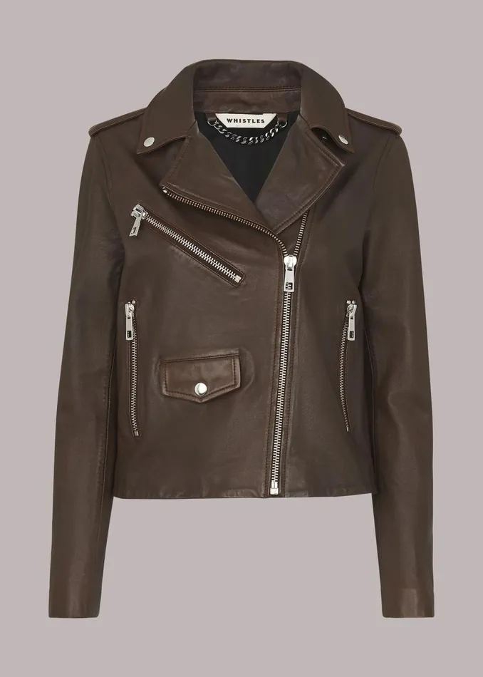 Women Coats and Jackets Whistles Chocolate Agnes Pocket Leather Jacket
