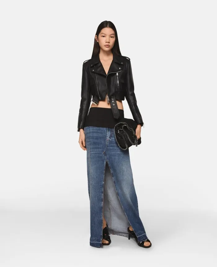 Women Denim Stella McCartney TuxedoInspired Denim MidiSkirt Vintage Wash Denim