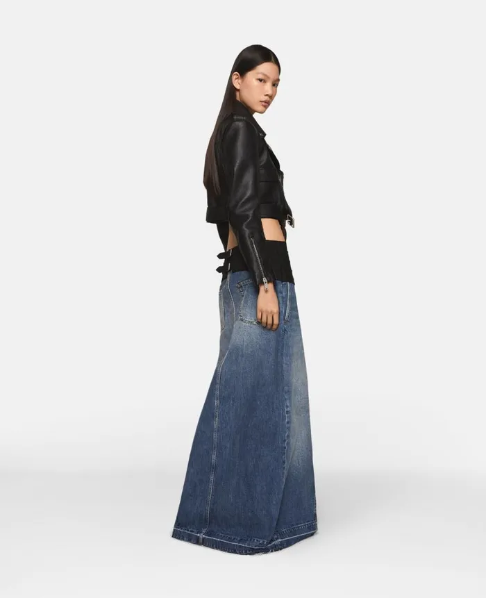 Women Denim Stella McCartney TuxedoInspired Denim MidiSkirt Vintage Wash Denim