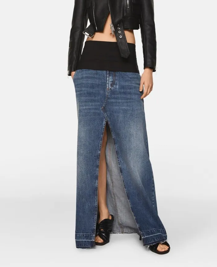 Women Denim Stella McCartney TuxedoInspired Denim MidiSkirt Vintage Wash Denim