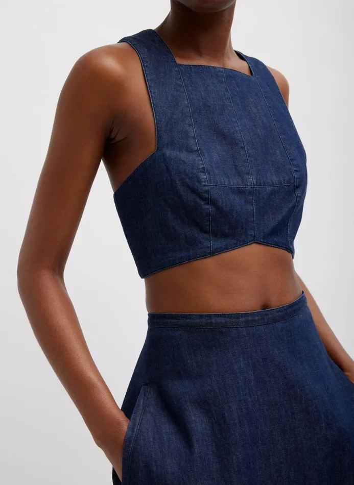 Women Denim Tibi Summer Denim Square Neck Cropped Top Indigo