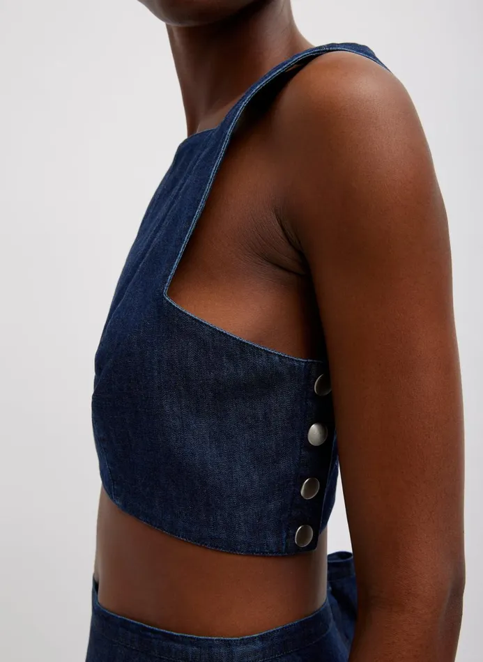 Women Denim Tibi Summer Denim Square Neck Cropped Top Indigo