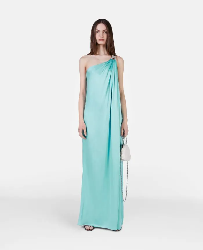 Women Dresses Stella McCartney Falabella Crystal Chain Double Satin OneShoulder Gown Aquamarine