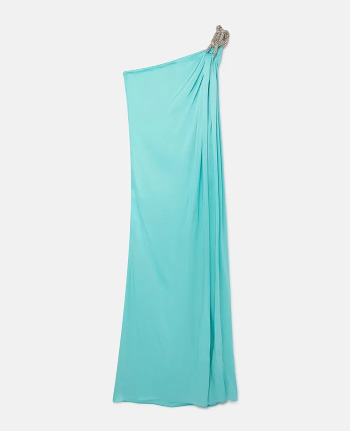 Women Dresses Stella McCartney Falabella Crystal Chain Double Satin OneShoulder Gown Aquamarine