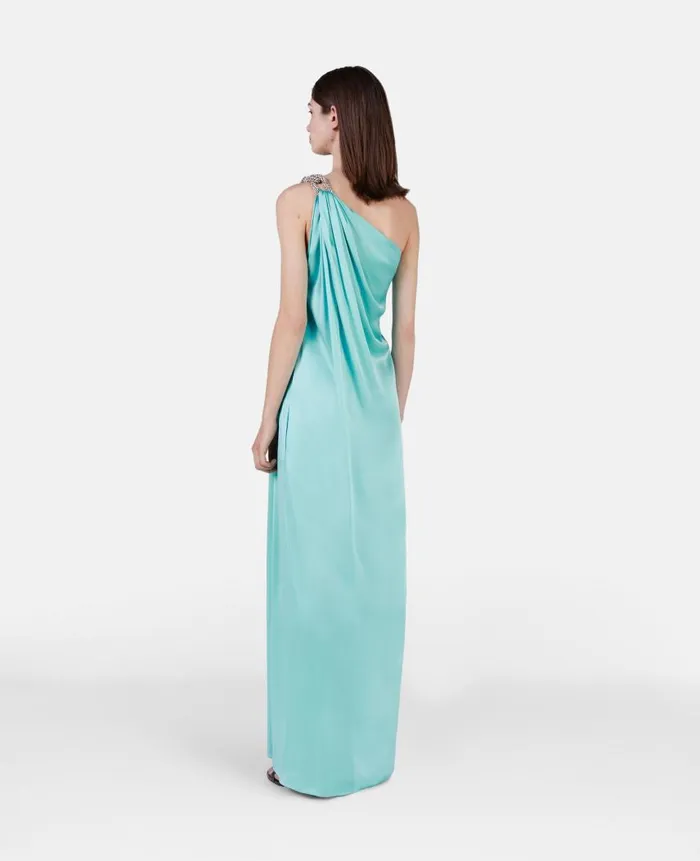 Women Dresses Stella McCartney Falabella Crystal Chain Double Satin OneShoulder Gown Aquamarine