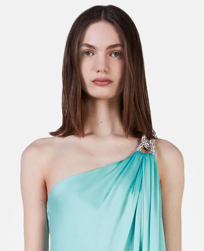 Women Dresses Stella McCartney Falabella Crystal Chain Double Satin OneShoulder Gown Aquamarine