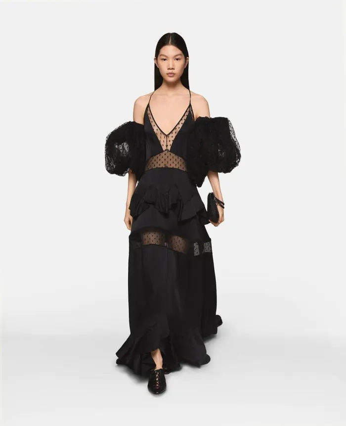 Women Dresses Stella McCartney Puff Sleeve Polka Dot Mesh Maxi Dress Midnight Black