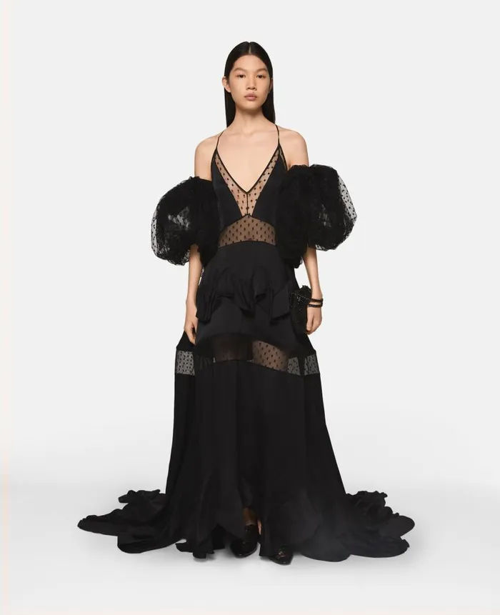 Women Dresses Stella McCartney Puff Sleeve Polka Dot Mesh Maxi Dress Midnight Black
