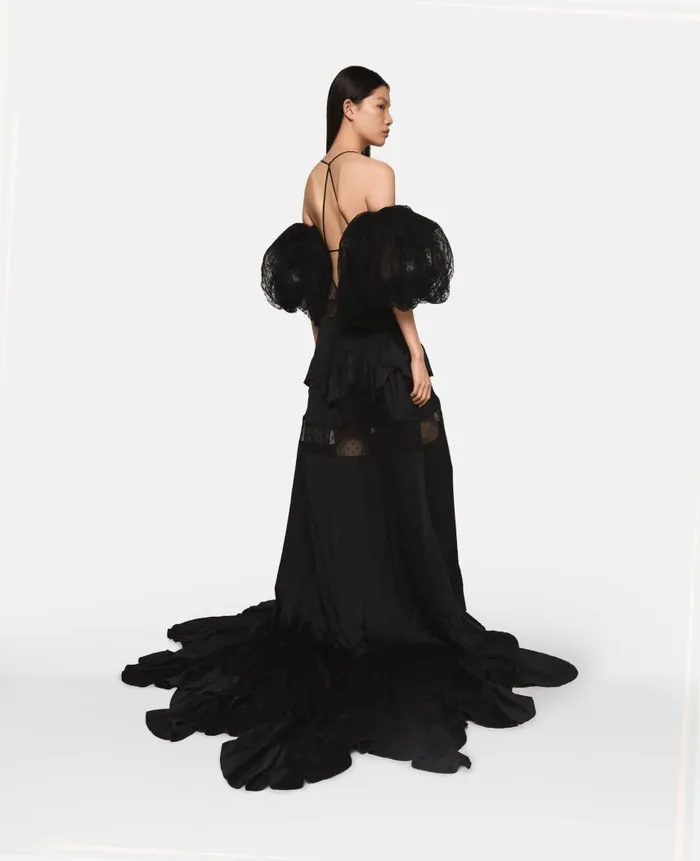 Women Dresses Stella McCartney Puff Sleeve Polka Dot Mesh Maxi Dress Midnight Black