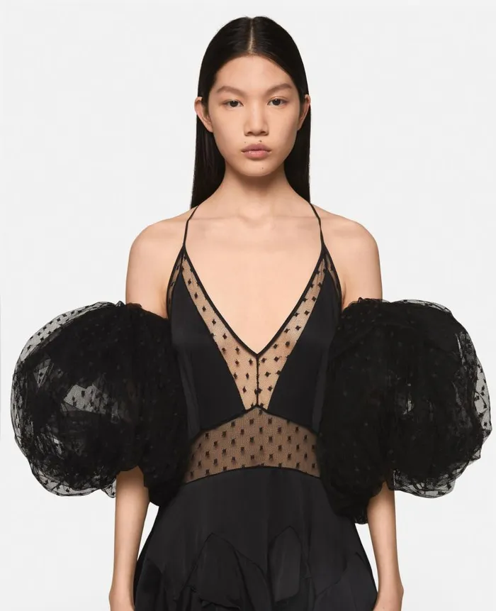 Women Dresses Stella McCartney Puff Sleeve Polka Dot Mesh Maxi Dress Midnight Black