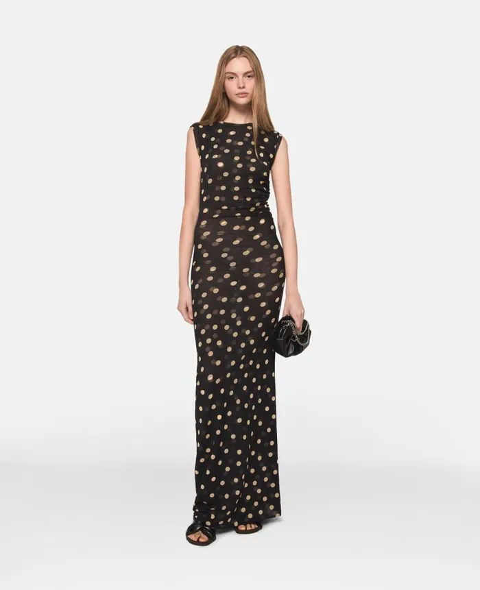 Women Dresses Stella McCartney Sleeveless Polka Dot Mesh Maxi Dress Chocolate Brown With Cream