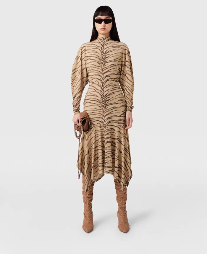 Women Dresses Stella McCartney Tiger Print Puff Sleeve Midi Dress Natural Tiger Print