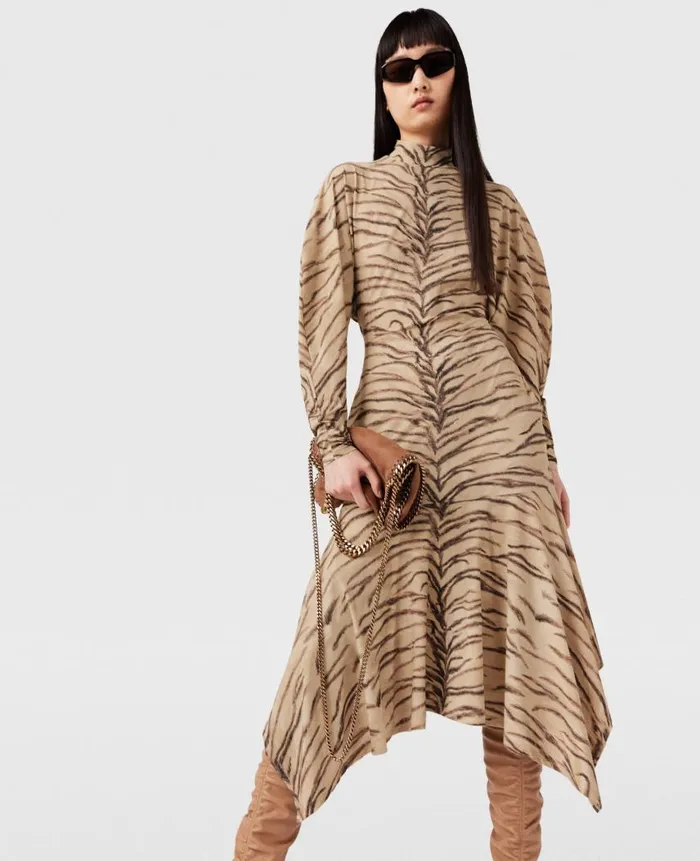 Women Dresses Stella McCartney Tiger Print Puff Sleeve Midi Dress Natural Tiger Print