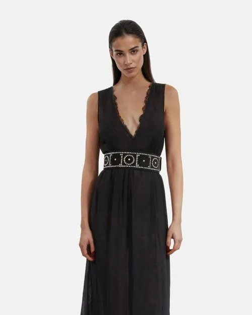 Women Dresses The Kooples Long Black Dress With Lace Black