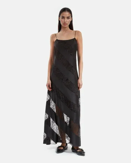 Women Dresses The Kooples Long Black Silk And Lace Babydoll Dress Black