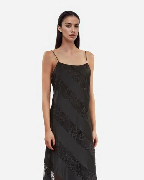 Women Dresses The Kooples Long Black Silk And Lace Babydoll Dress Black